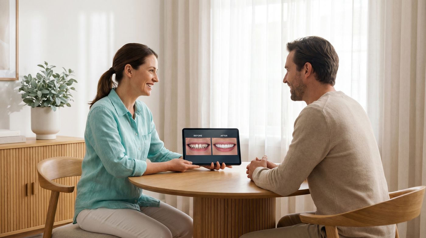 Dentista a mostrar simulação digital de sorriso num tablet