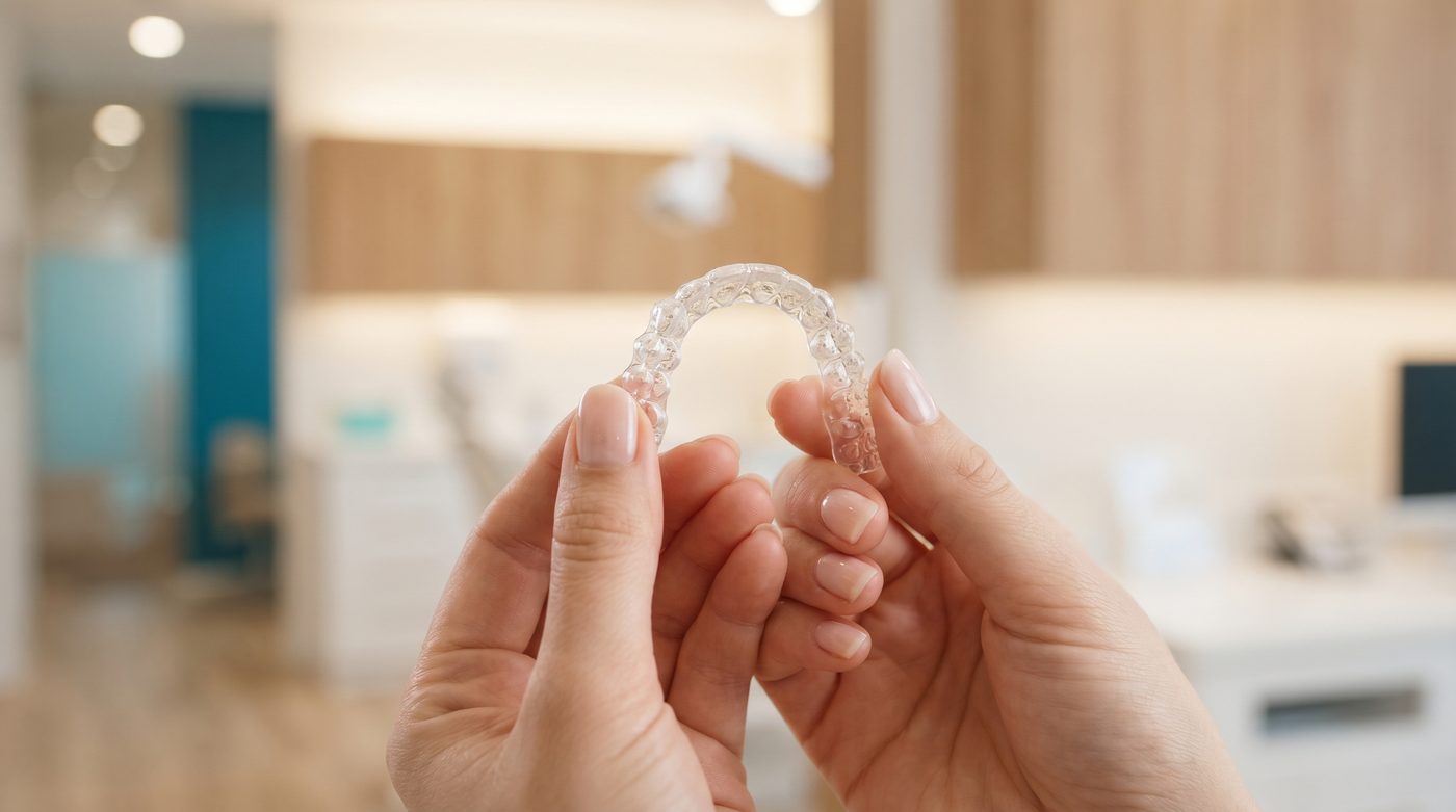 Mãos a segurar alinhador transparente à luz natural